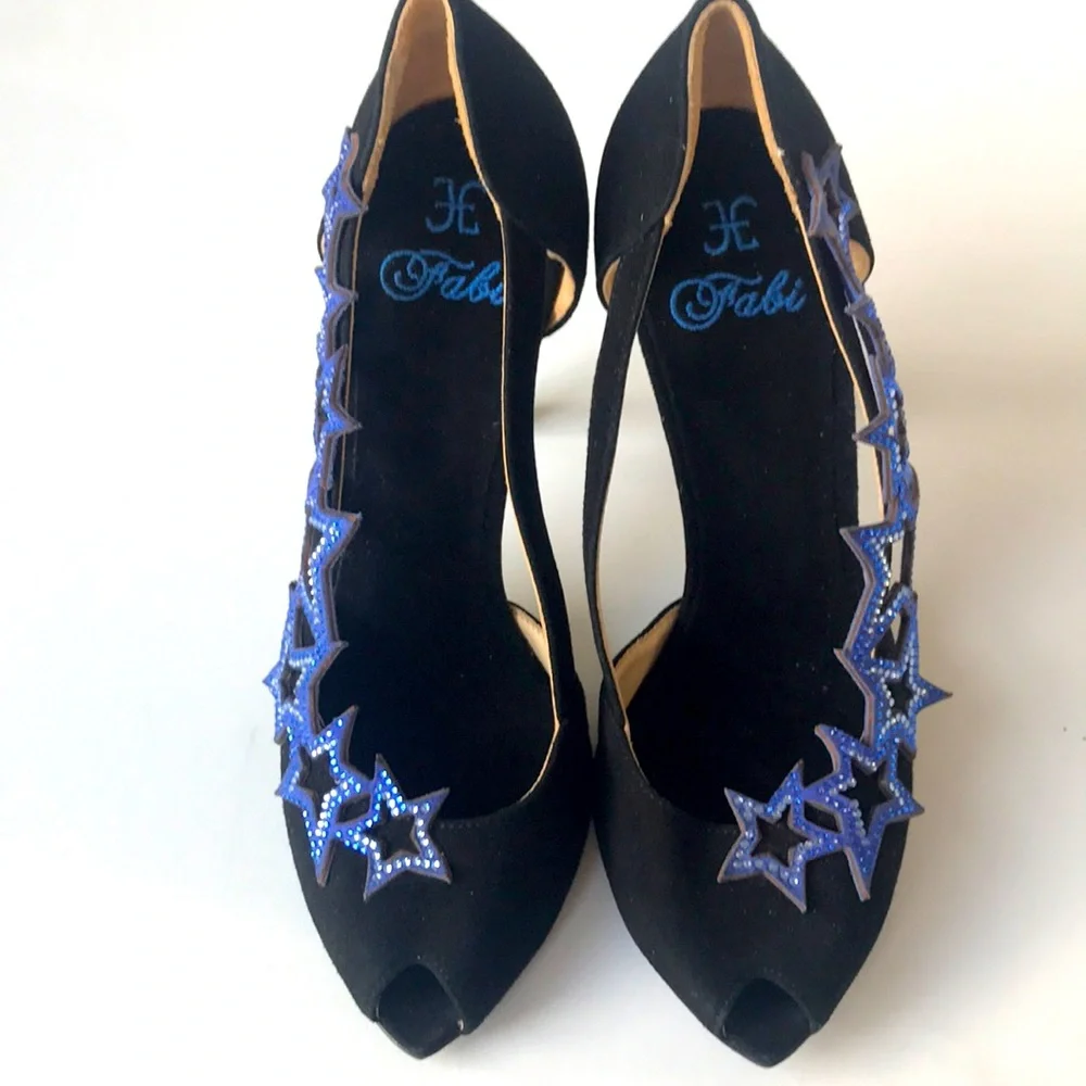 Fabi Italian black suede peep toe heels, size 37.5/6.5, unworn - Picture 2 of 15